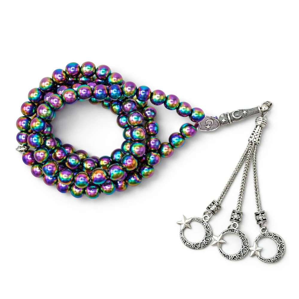 Rainbow Hematite Crystal Tasbeeh Sibha Prayer Beads (Silver)