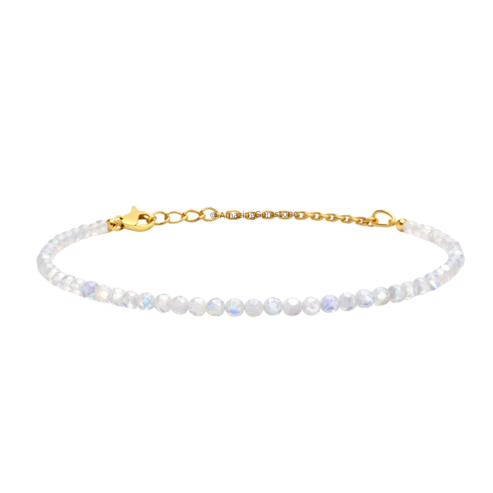 Rainbow Moonstone Crystal Bracelet - 2mm Faceted Bead (Gold)