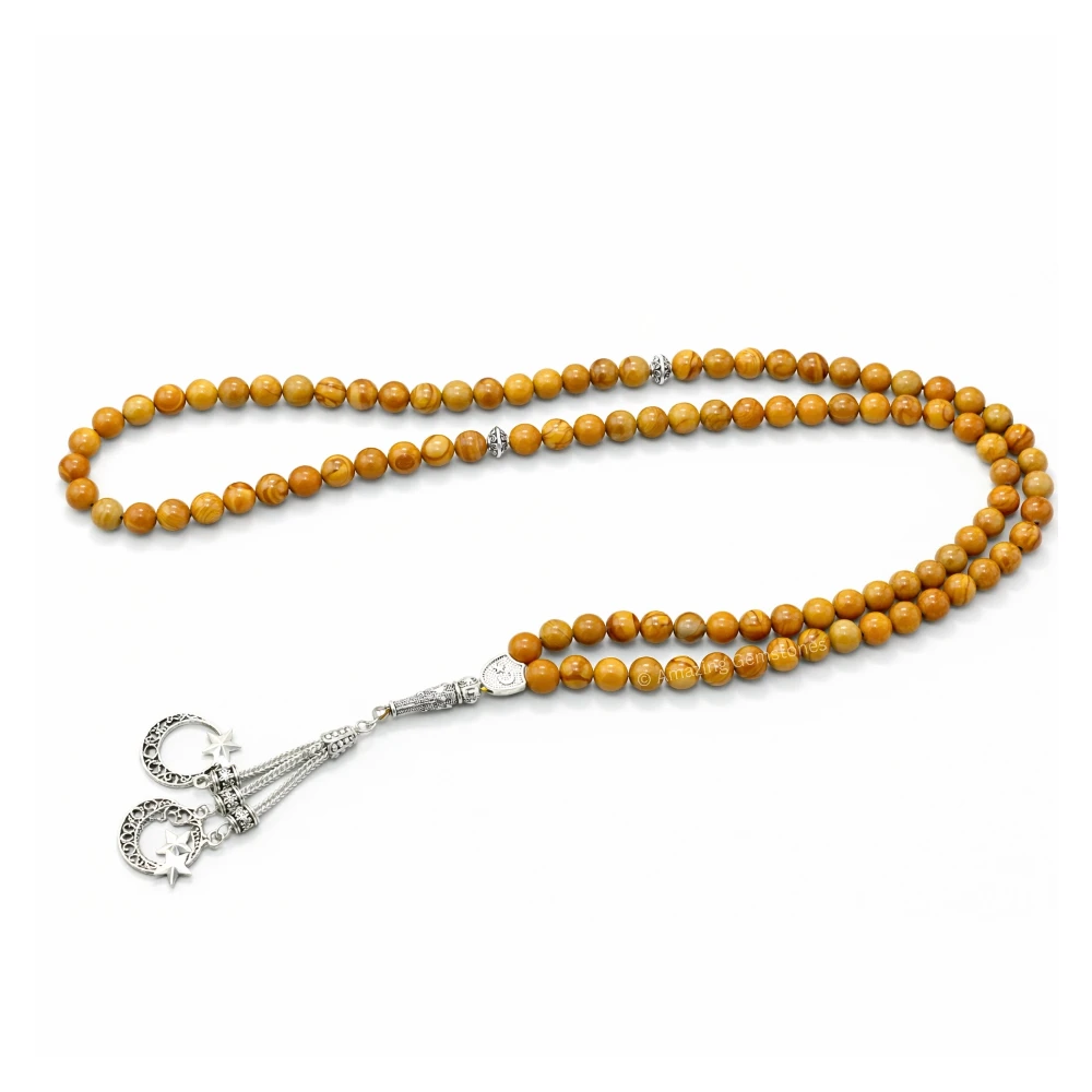 Yellow Jasper Crystal Tasbeeh Sibha Prayer Beads (Silver)