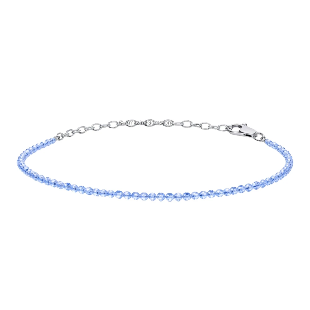 Blue Chalcedony Crystal Bracelet - 2mm Faceted Bead (Silver)