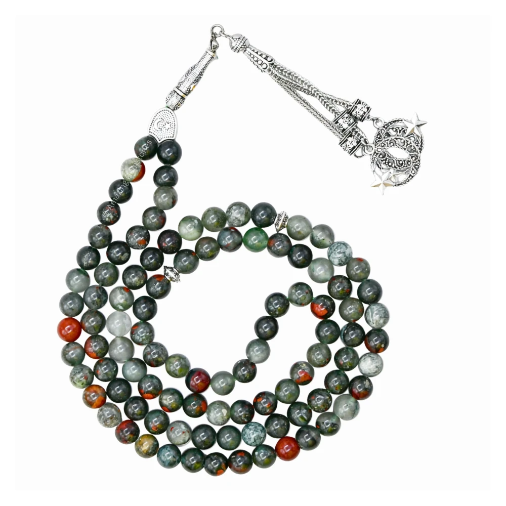 African Bloodstone Crystal Tasbeeh Sibha Prayer Beads (Silver)