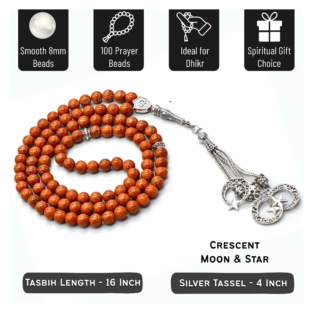 Red Goldstone Crystal Tasbeeh Sibha Prayer Beads (Silver)