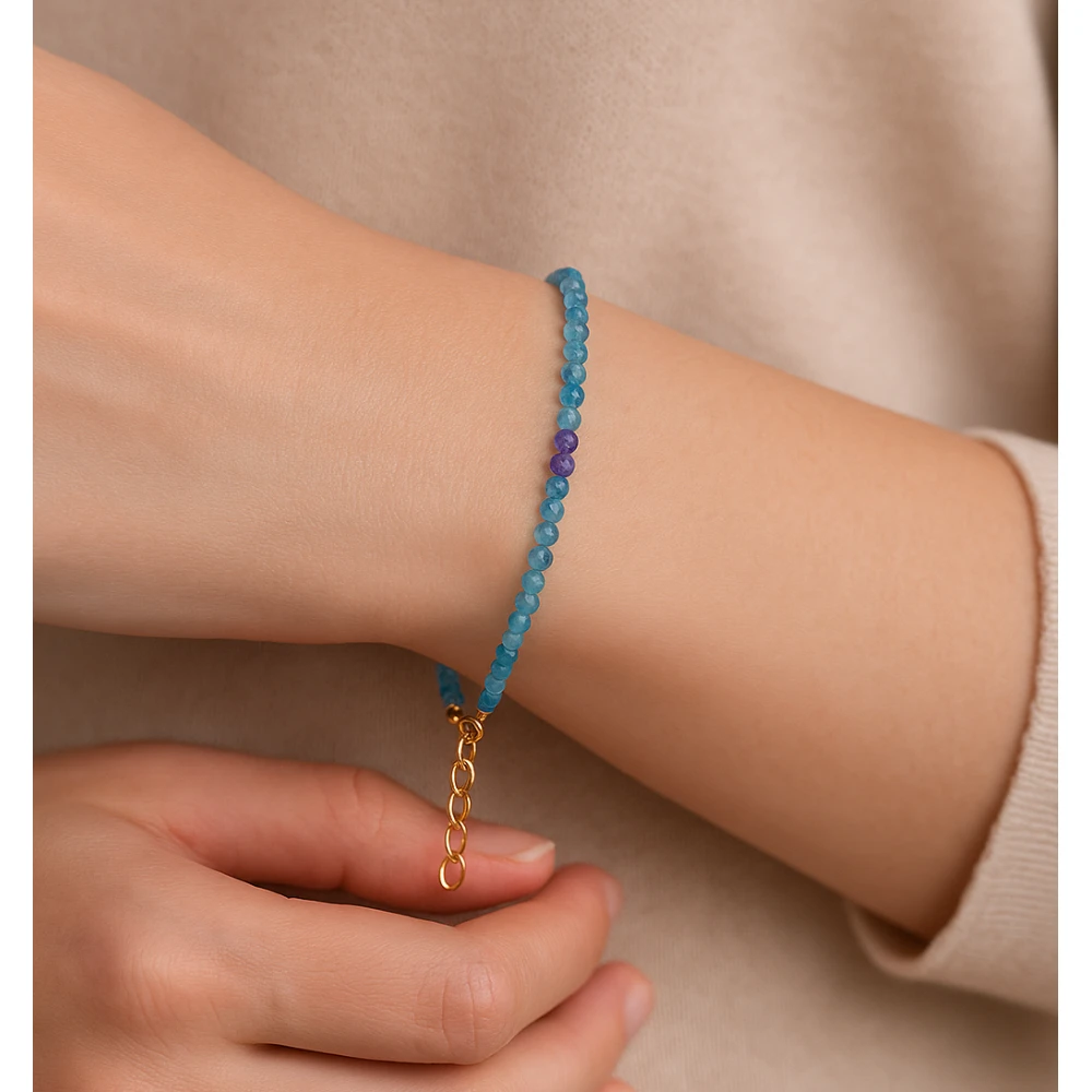 Blue Fluorite Crystal Bracelet - 2mm Faceted Bead (Gold)