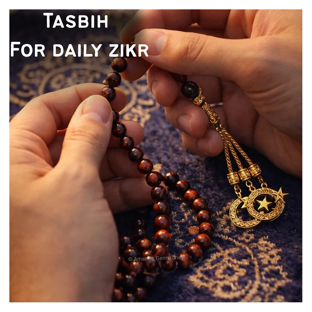 Red Tiger Eye Crystal Tasbeeh Sibha Prayer Beads (Gold)
