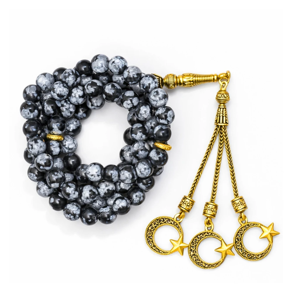 Snowflake Obsidian Crystal Tasbeeh Sibha Prayer Beads (Gold)