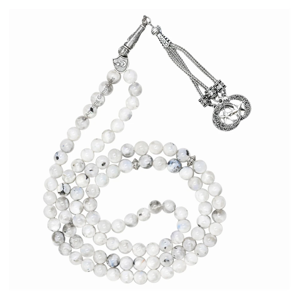 Rainbow Moonstone Crystal Tasbeeh Sibha Prayer Beads (Silver)