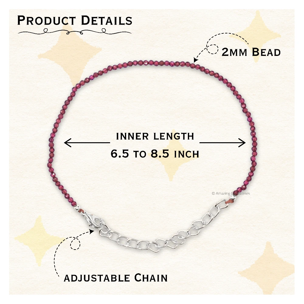 Red Garnet Crystal Bracelet - 2mm Faceted Bead (Silver)