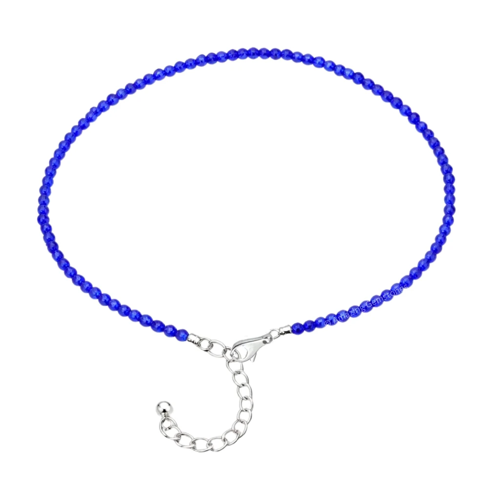 Royal Blue Chalcedony Crystal Anklet - 2mm Faceted Bead (Silver)
