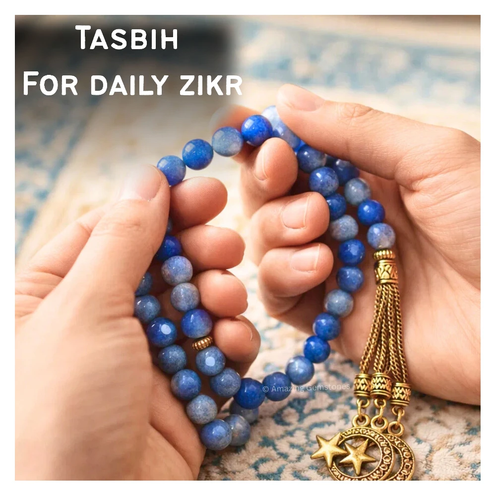 Blue Aventurine Crystal Tasbeeh Sibha Prayer Beads (Gold)