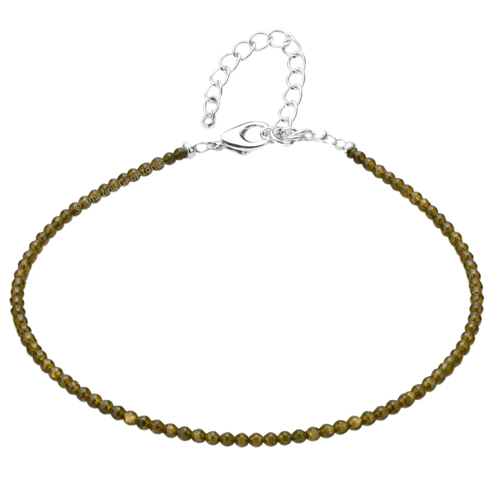 Green Cats Eye Crystal Anklet - 2mm Faceted Bead (Silver)