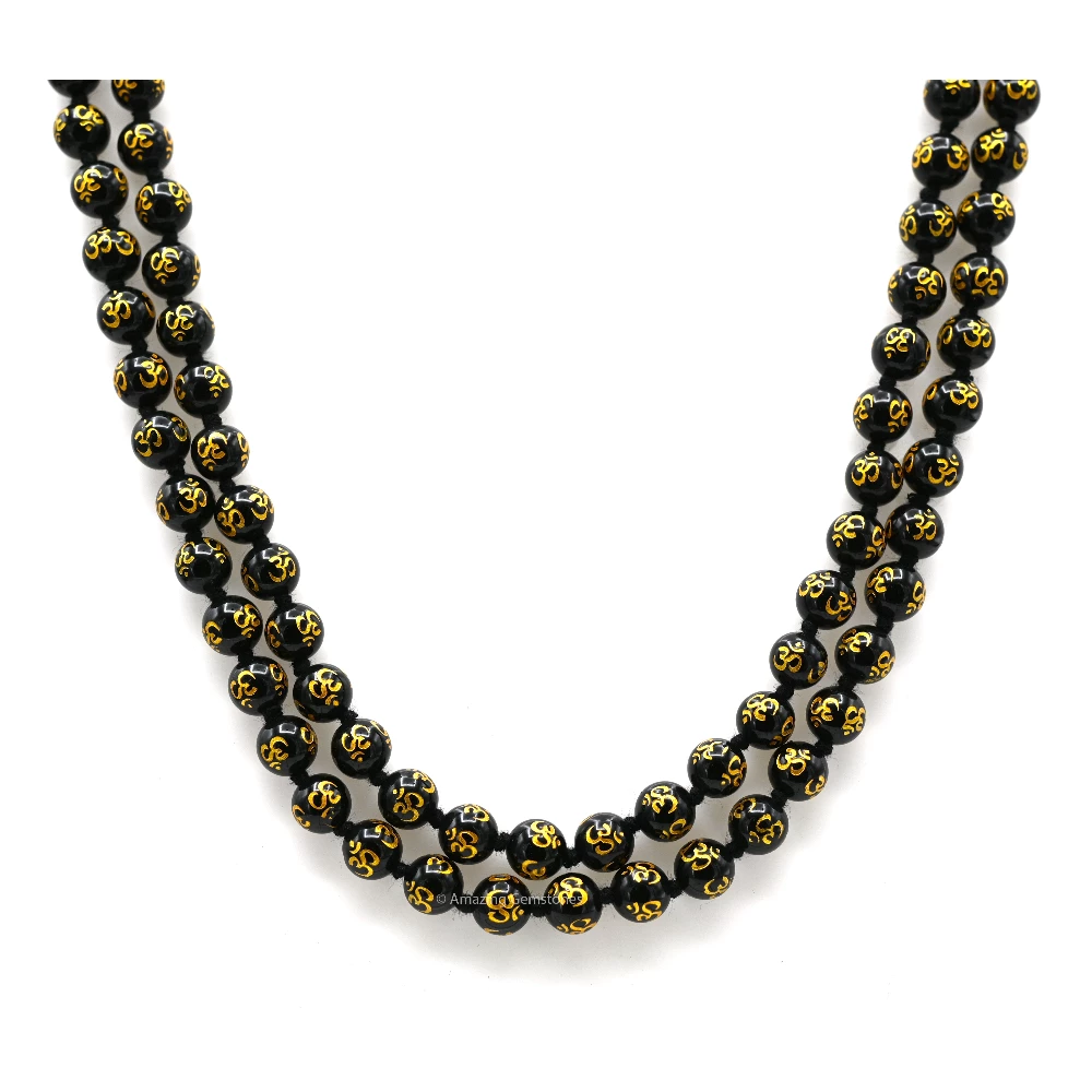 Black Agate Mala (Om) (Hand Knotted)