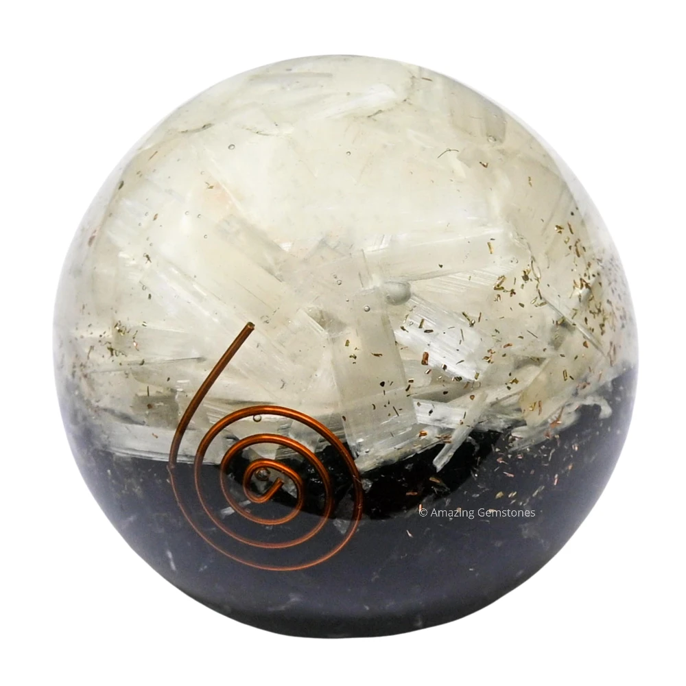 Black Tourmaline Selenite (Layer) Orgone Sphere (2.5 Inch)