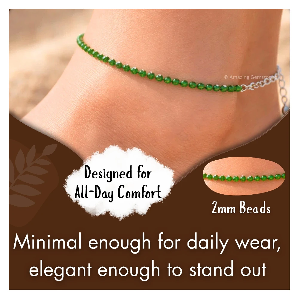 Green Onyx Crystal Anklet - 2mm Faceted Bead (Silver)