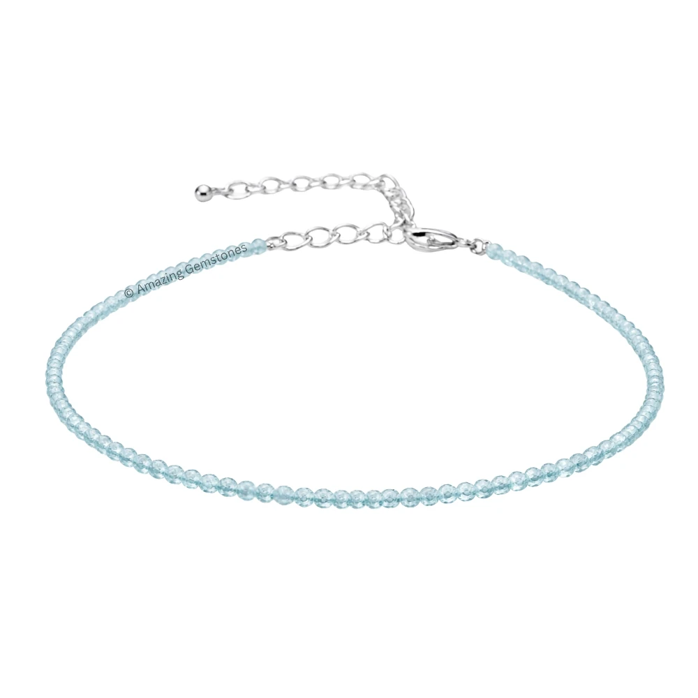 Aquamarine Crystal Anklet - 2mm Faceted Bead (Silver)
