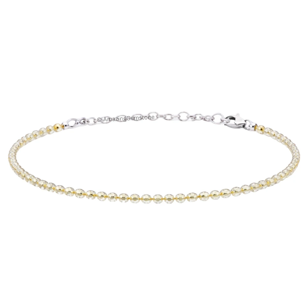 Lemon Quartz Crystal Bracelet - 2mm Faceted Bead (Silver)