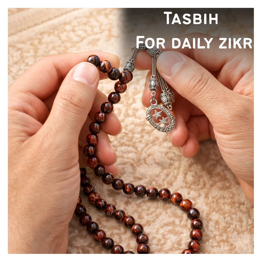 Red Tiger Eye Crystal Tasbeeh Sibha Prayer Beads (Silver)