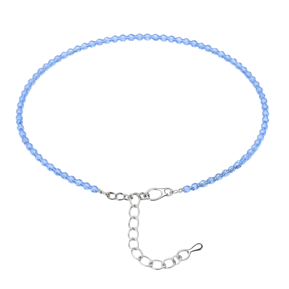 Blue Chalcedony Crystal Anklet - 2mm Faceted Bead (Silver)