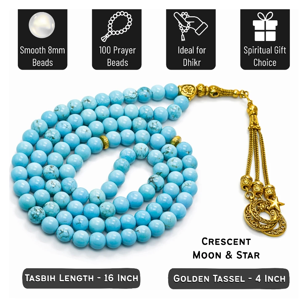 Magnesite Turquoise Crystal Tasbeeh Sibha Prayer Beads (Gold)