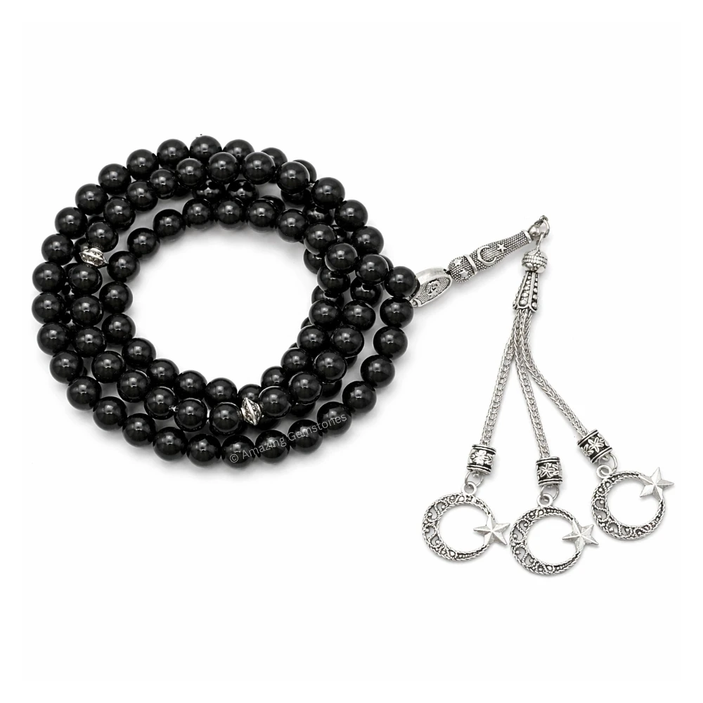 Black Obsidian Crystal Tasbeeh Sibha Prayer Beads (Silver)