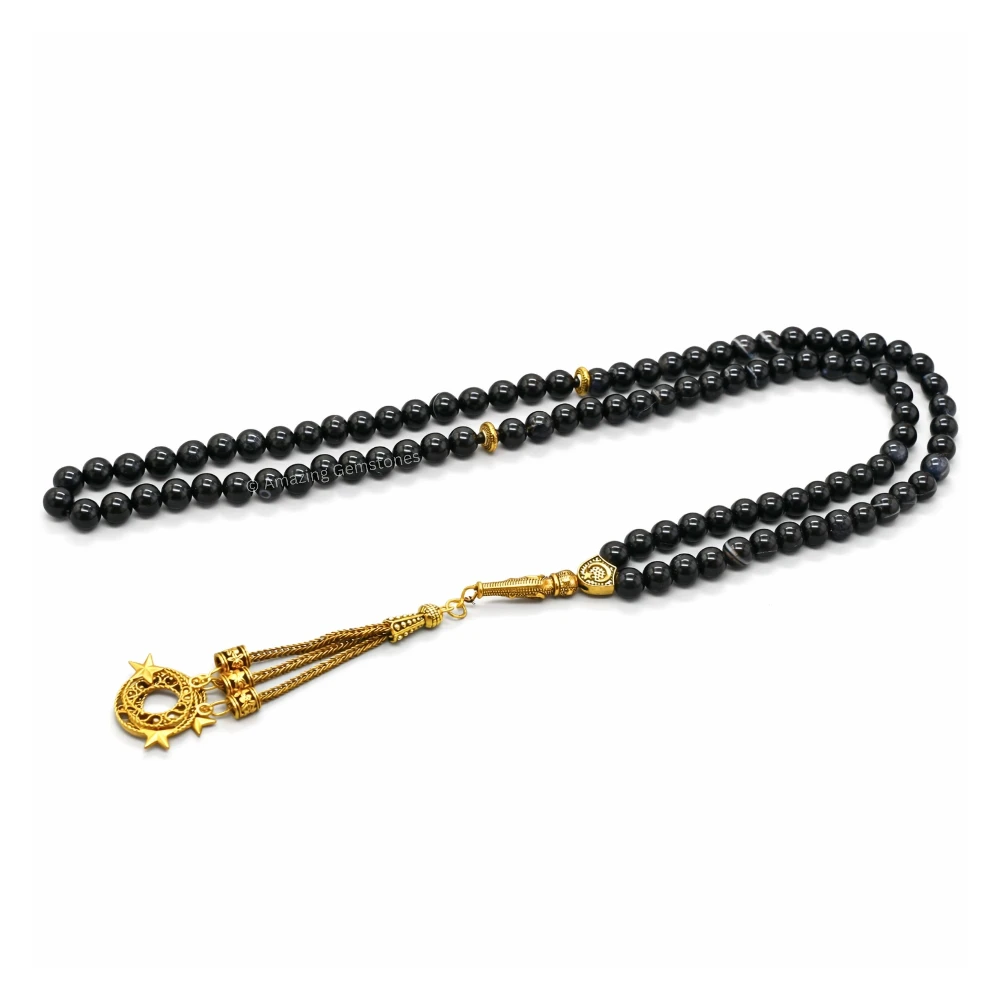 Black Banded Agate Crystal Tasbeeh Sibha Prayer Beads (Gold)