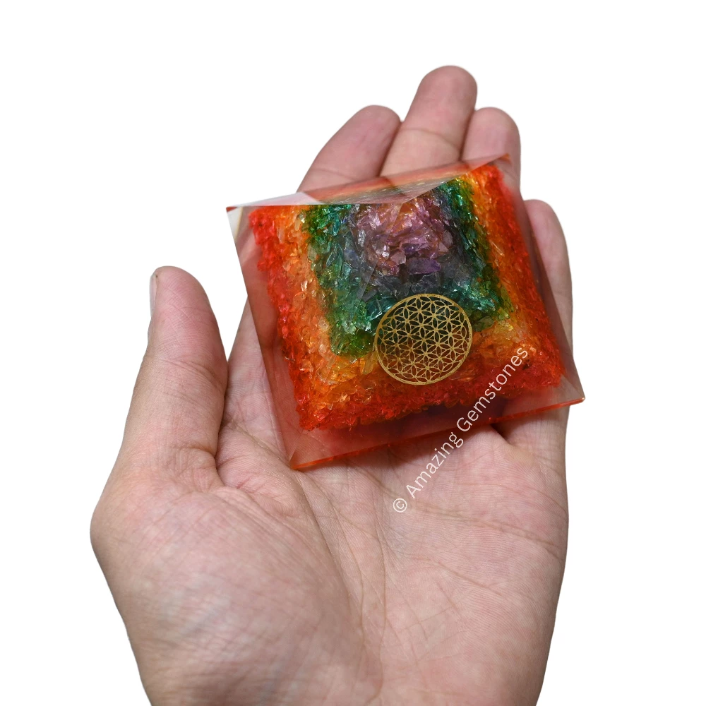 Chakra Onyx Orgone Pyramid - Flower of Life