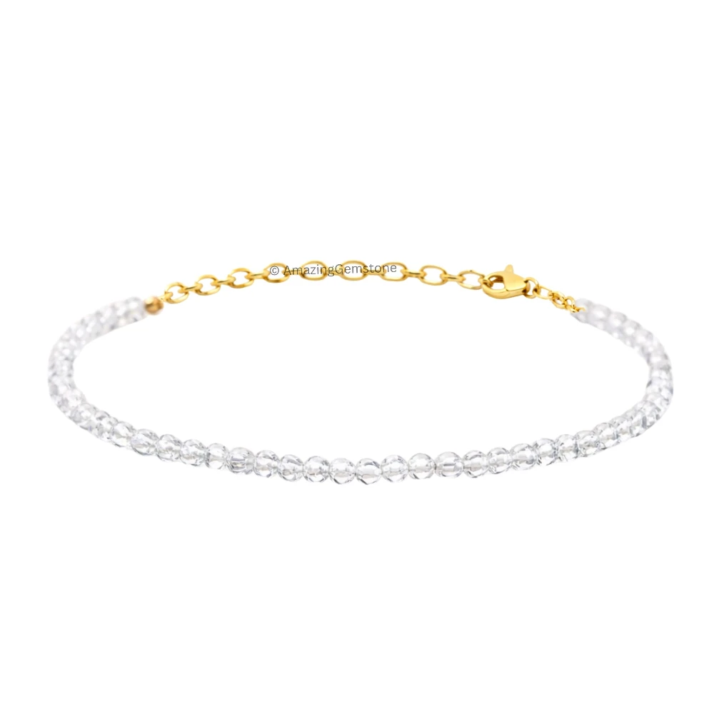 Clear Quartz Crystal Bracelet - 2mm Faceted Bead (Gold)