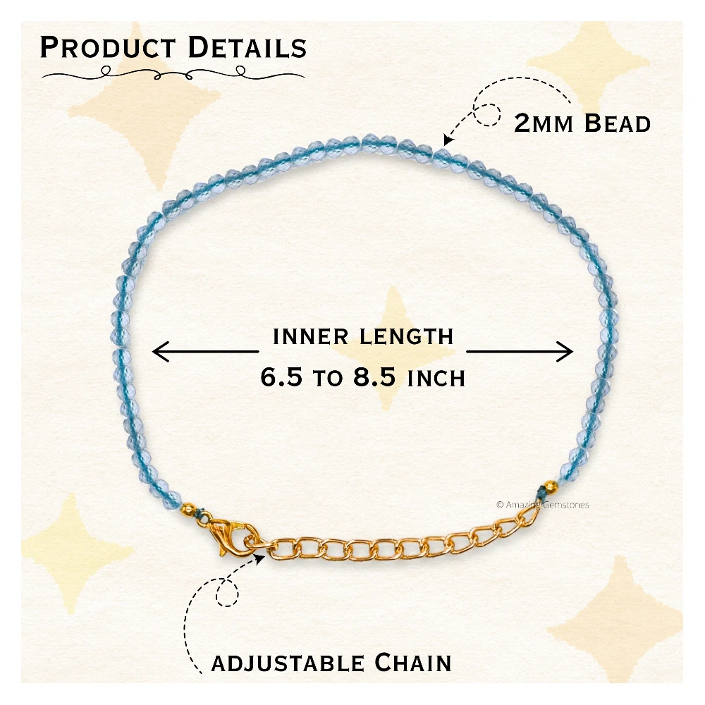 Aqua Chalcedony Crystal Bracelet - 2mm Faceted Bead (Gold)