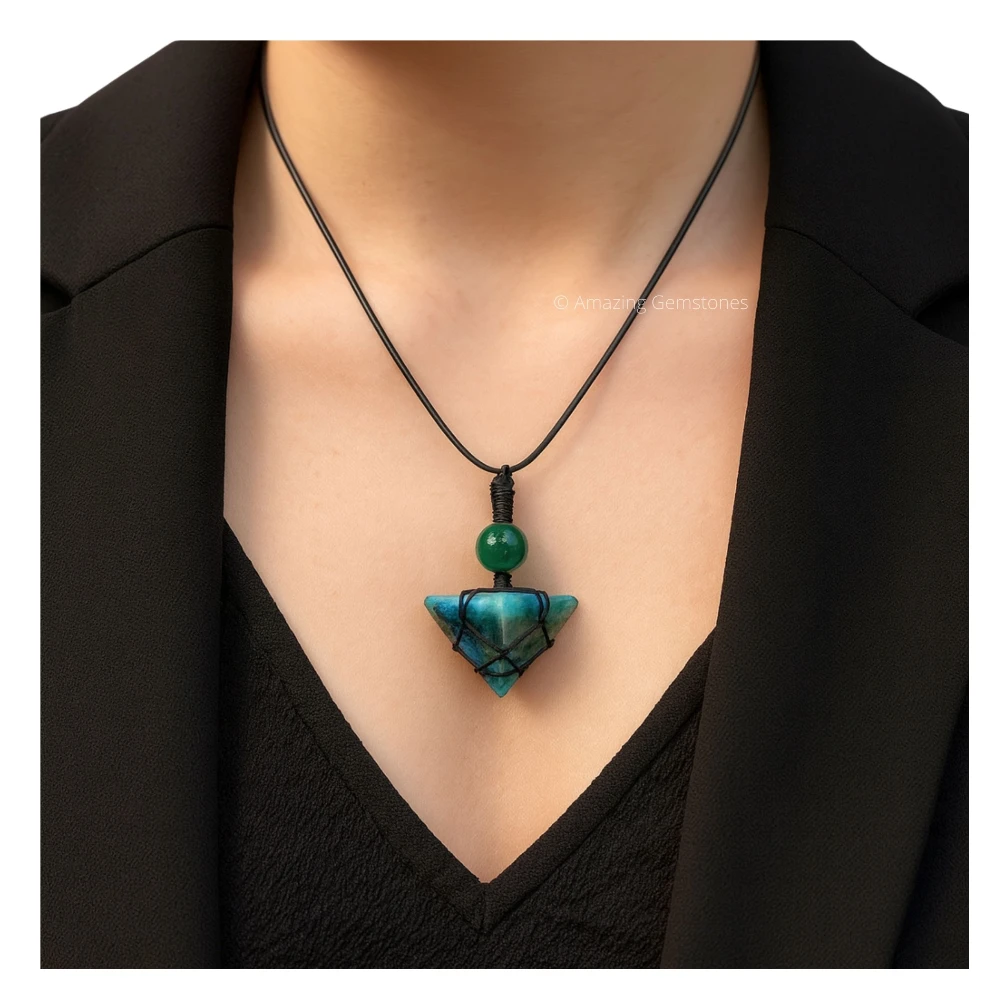 Moss Agate Pyramid Pendant Necklace (Macrame)