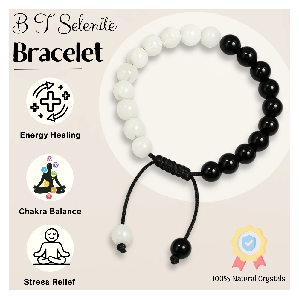 Black Tourmaline Selenite Bracelet (Adjustable)