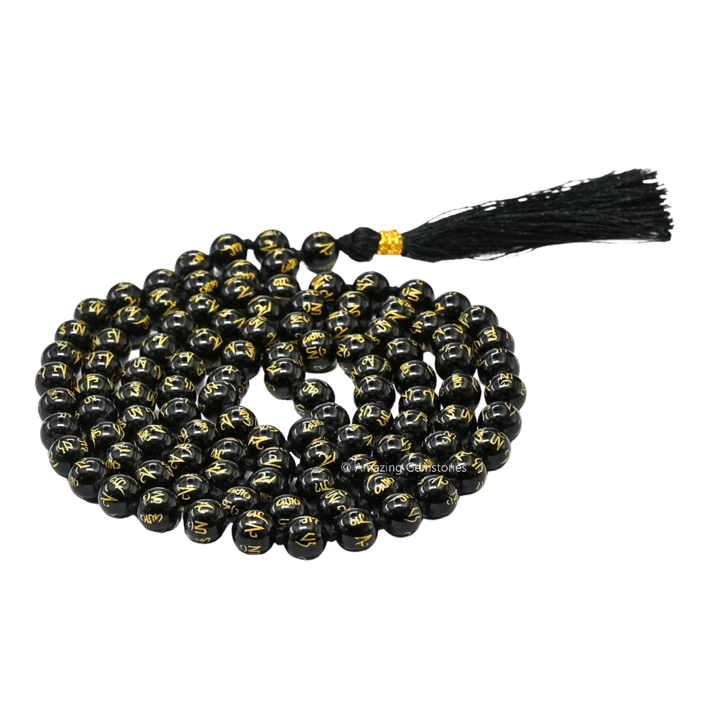 Black Agate Mala (Om Mani Padme Hum) (Hand Knotted)