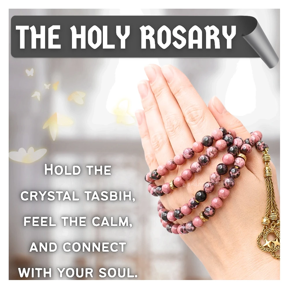 Rhodonite Crystal Tasbeeh Sibha Prayer Beads (Gold)