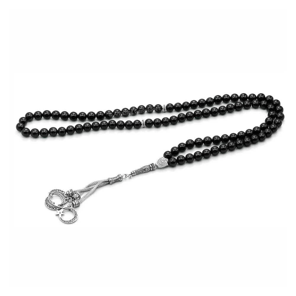 Black Obsidian Crystal Tasbeeh Sibha Prayer Beads (Silver)