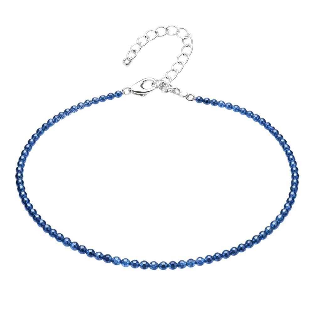 Dark Blue Chalcedony Crystal Anklet - 2mm Faceted Bead (Silver)