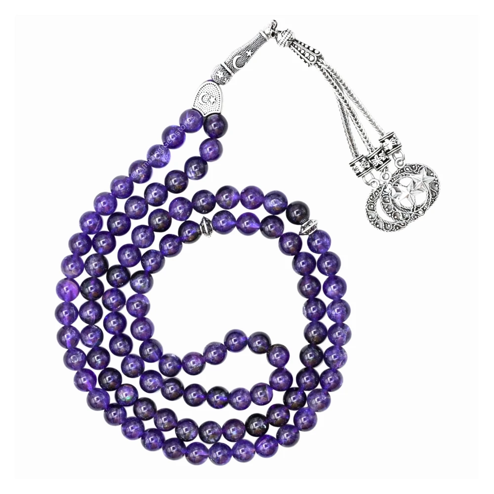 Amethyst Crystal Tasbeeh Sibha Prayer Beads (Silver)