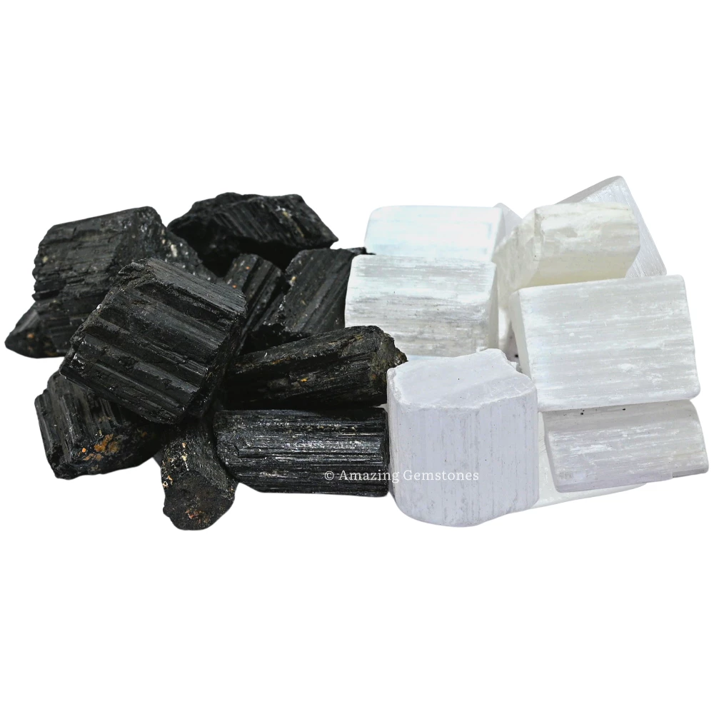Black Tourmaline Selenite Raw Crystals (2 Pieces)