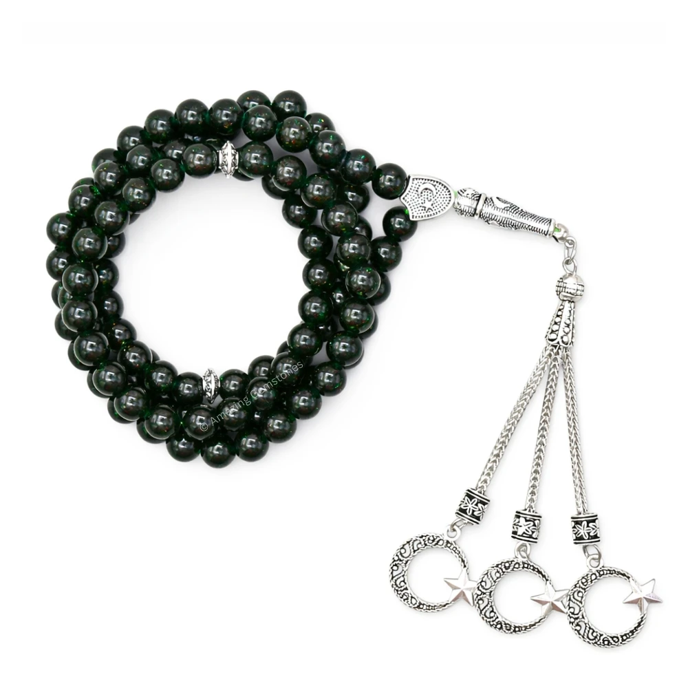 Green Goldstone Crystal Tasbeeh Sibha Prayer Beads (Silver)