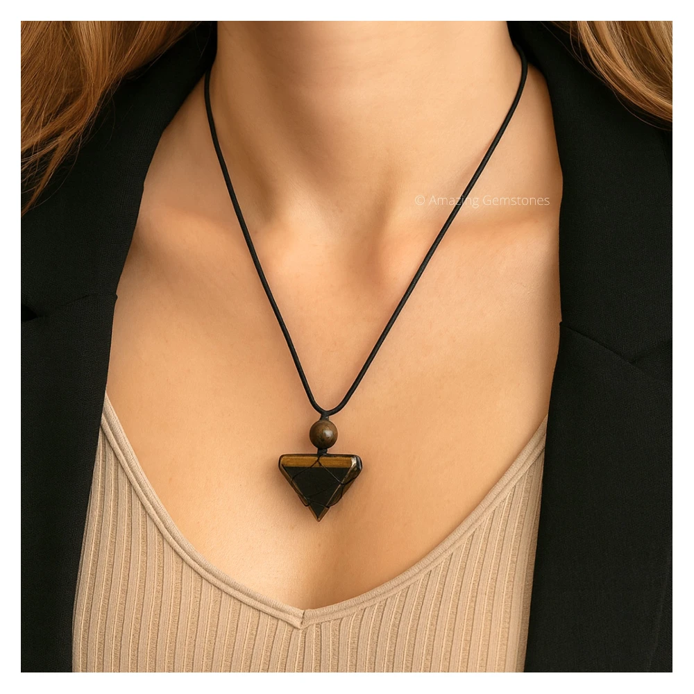 Golden Sheen Obsidian Pyramid Pendant Necklace (Macrame)
