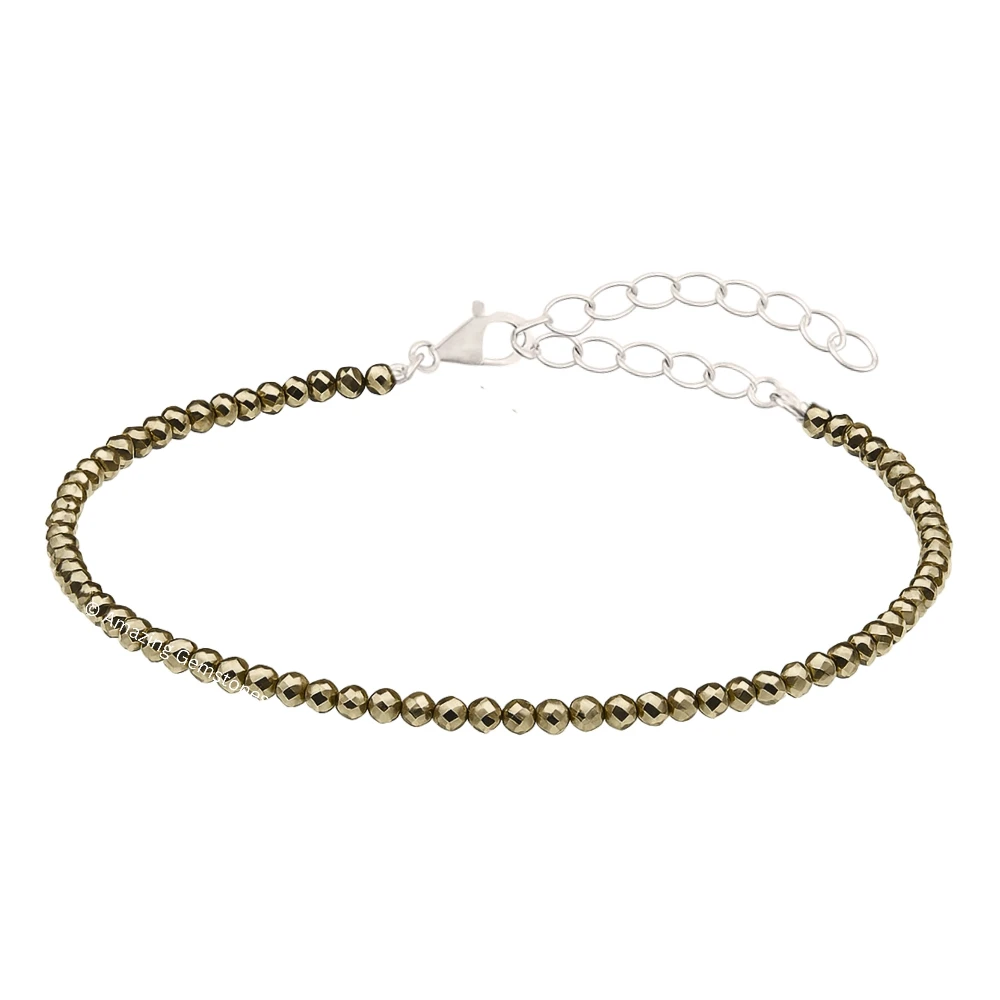 Pyrite Crystal Anklet - 2mm Faceted Bead (Silver)