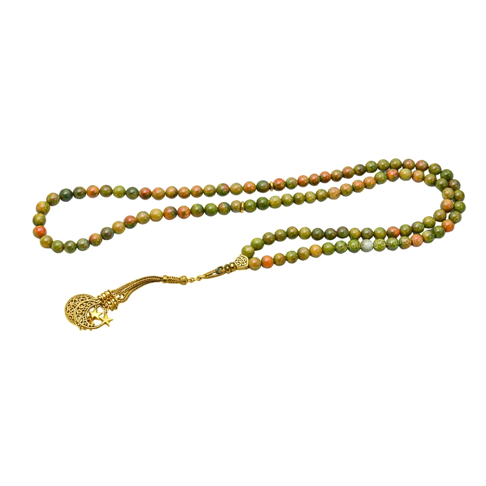 Unakite Crystal Tasbeeh Sibha Prayer Beads (Gold)
