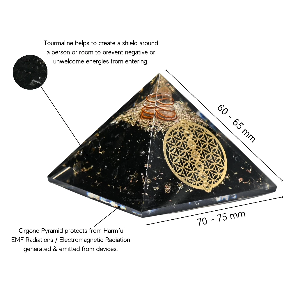 Black Tourmaline Orgone Pyramid - Chakra Flower of Life