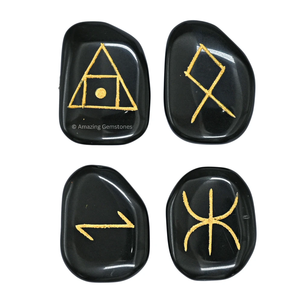 Black Agate Lifestyle Symbol Engraved Stones (Set of 4)
