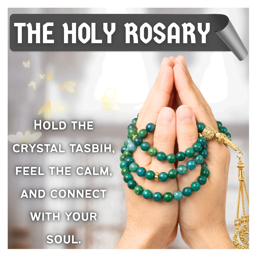 Moss Agate Crystal Tasbeeh Sibha Prayer Beads (Gold)