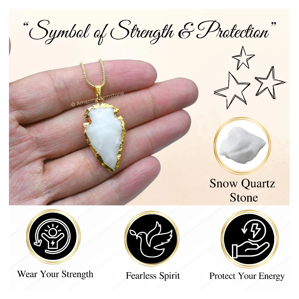 Snow Quartz Arrowhead Pendant - Gold Plated