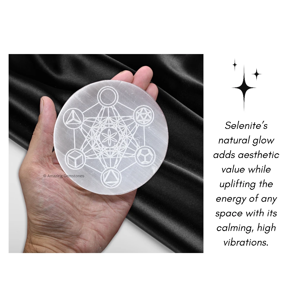 Selenite Charging Plate for Crystals - Metatron Cube with Platonic Solid (3 Inch)