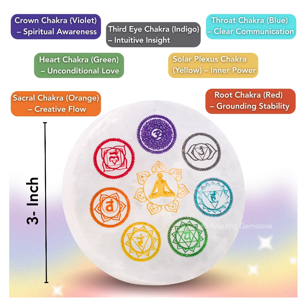 Selenite Charging Plate - 7 Chakra (Round) (3 Inch)