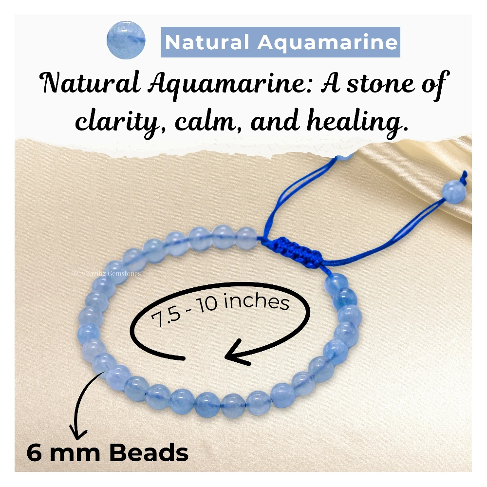 Aquamarine Healing Crystal Bracelets - 6mm Beads (Adjustable)