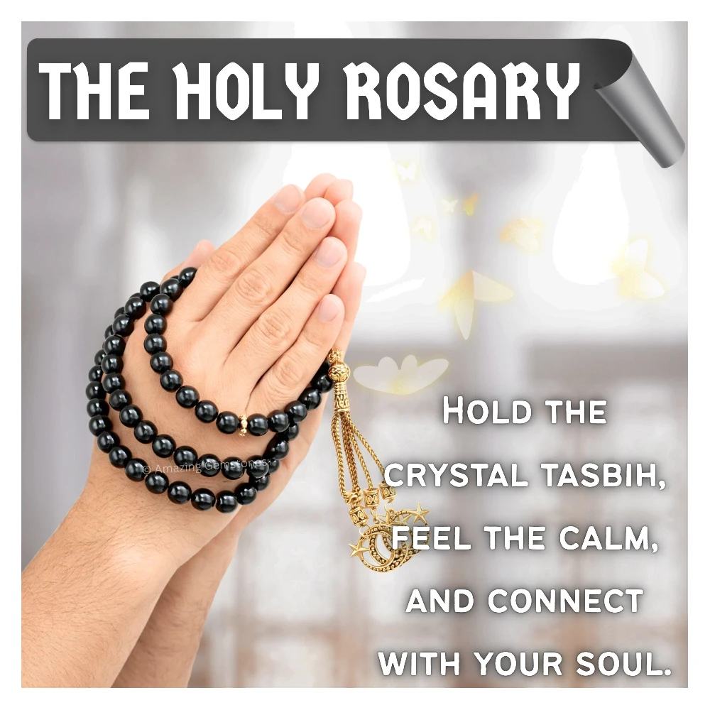 Black Obsidian Crystal Tasbeeh Sibha Prayer Beads (Gold)