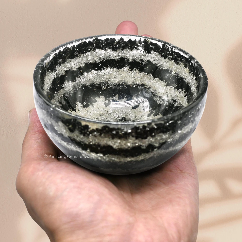 Black Tourmaline & Clear Quartz Layer Crystal Orgone Bowl (4 Inch)