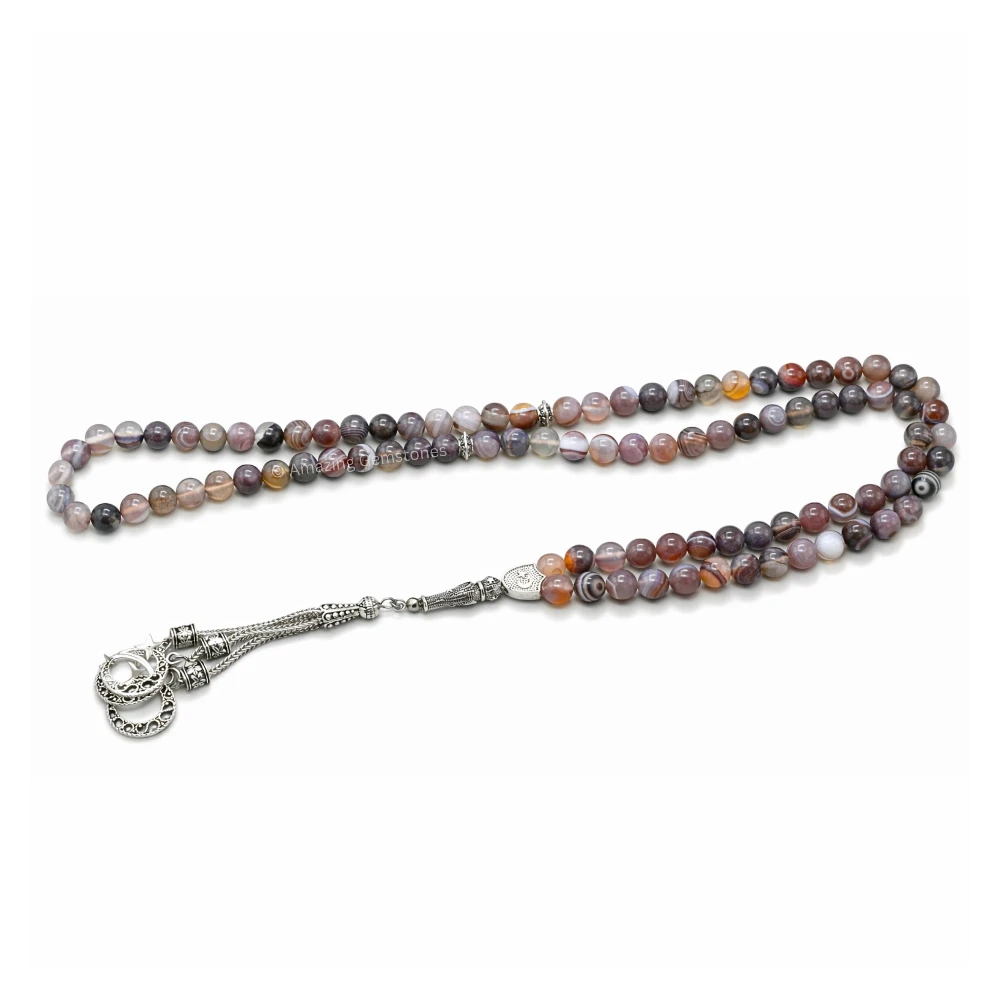 Botswana Agate Crystal Tasbeeh Sibha Prayer Beads (Silver)