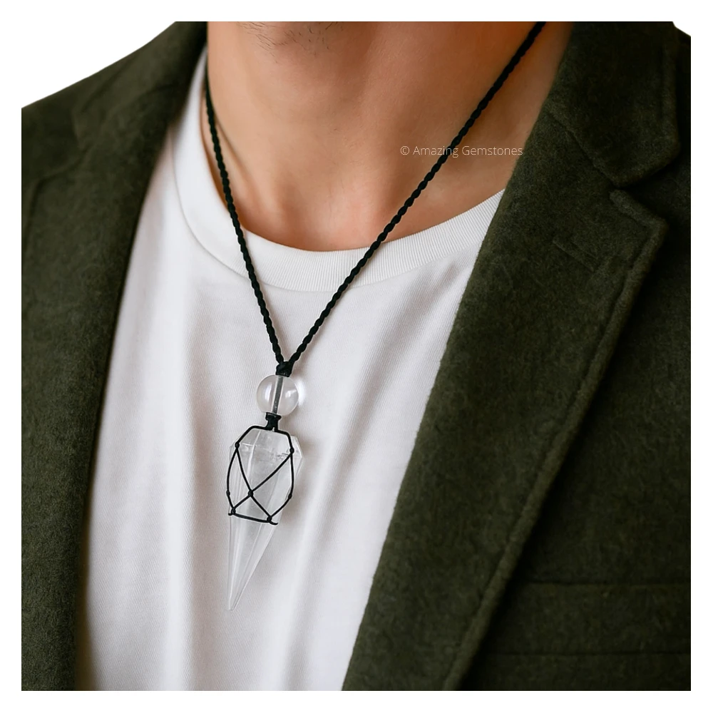 Clear Quartz Pendulum Pendant Necklace (Macrame)